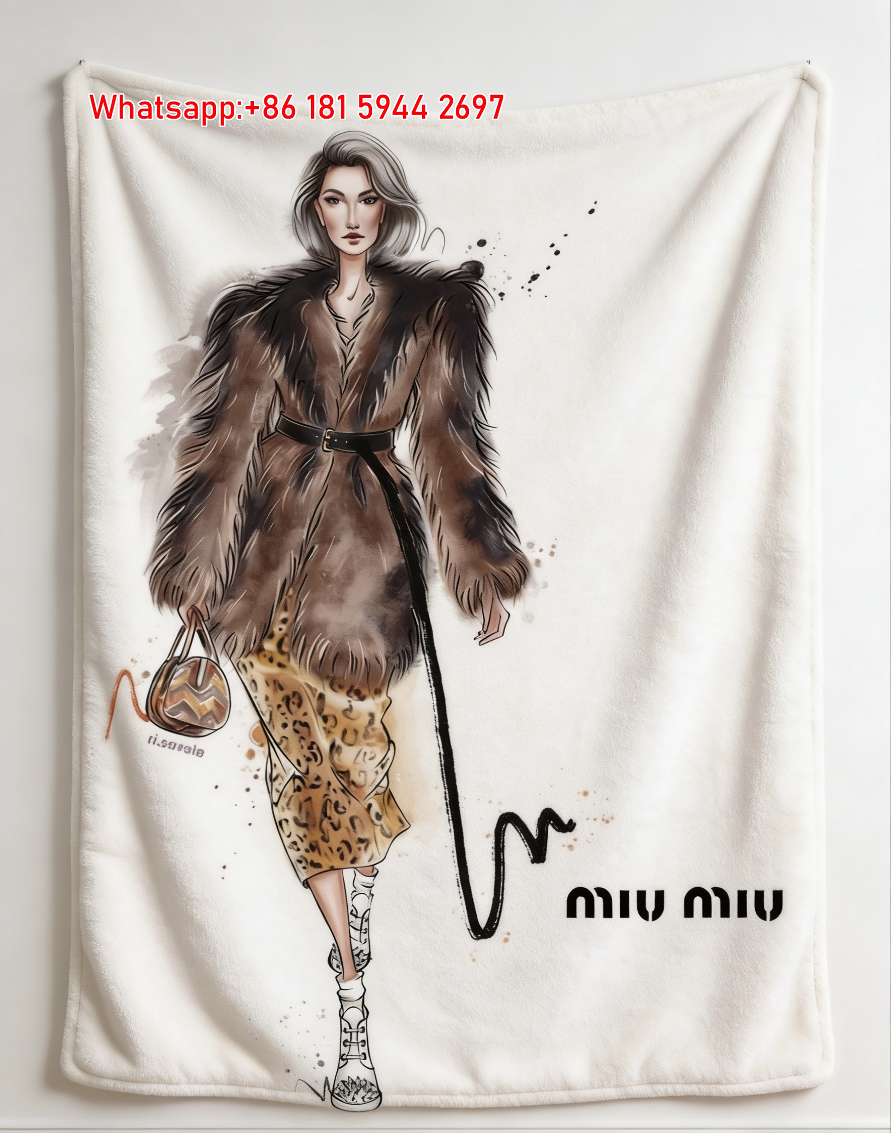 Miu Miu Brown Fur Coat & Leopard Print Fashion Illustration Flannel Throw Blanket IMG_0573